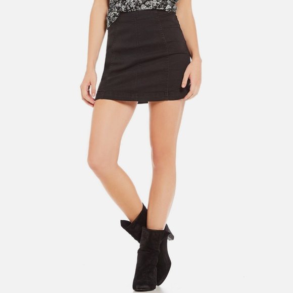Free People | Black Denim A-Line Mini Skirt, High Waist, Back Zip Entry Sz. 2 - Picture 1 of 8